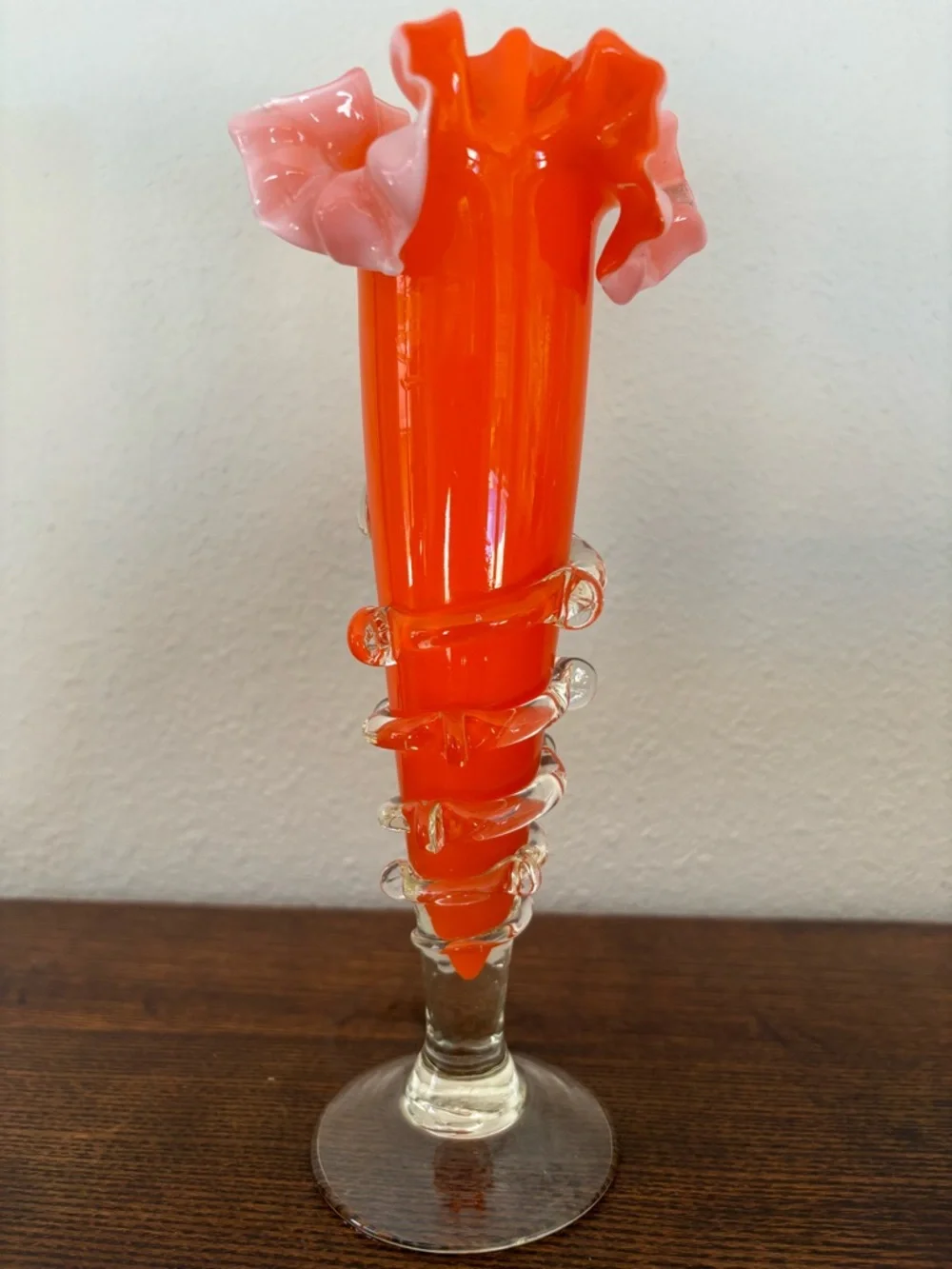 Vintage Bohemian Art Glass Vase Orange Cased White Ruffled Vase